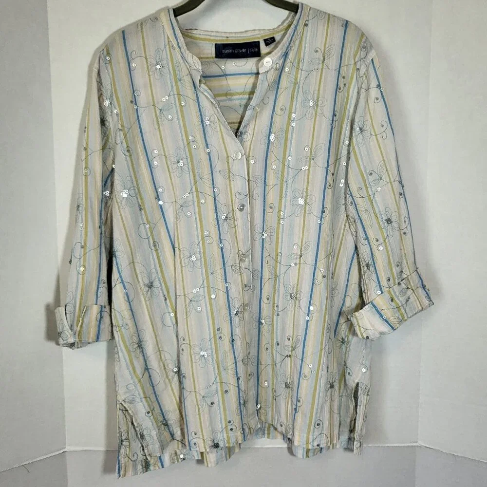 Susan Graver Style Women's Crinkled Cotton Front Button Top XL White/Yellow/Blue - Picture 1 of 10
